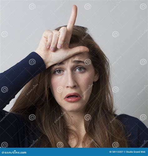 Lady Doing The Loser Sign On Her Forehead Stock Image Image Of Unhappy Accusation 58113207