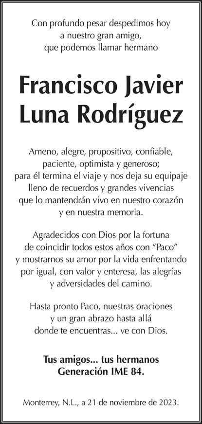 Francisco Javier Luna Rodríguez Obituario Esquela