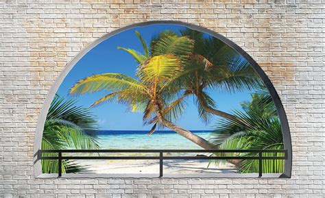 Wallarena 3D Effekt Strand Palmen Meer Fenster Terrasse Panorama Natur