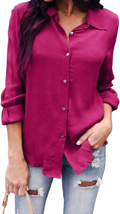 Omsj Women Button Down Shirts Long Sleeve Chiffon Office V Neck Casual Business Blouses Tops