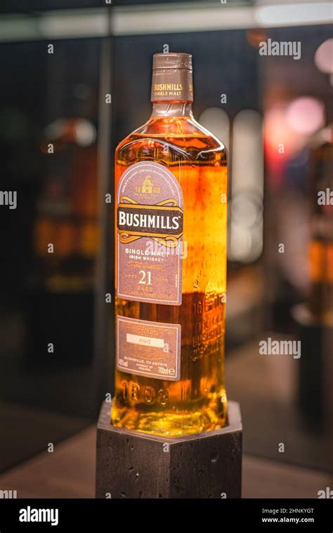 Rare Aged Year Bushmills Whiskey On Illuminated Display In