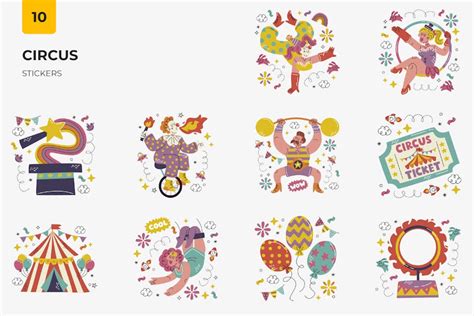 Circus Stickers Illustrations Ft Performers And Clowns Envato Elements