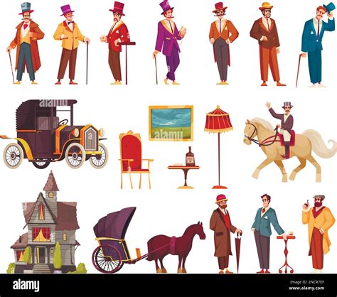 Gentlemen Cartoon Icons Set With English Aristocrats In Victorian