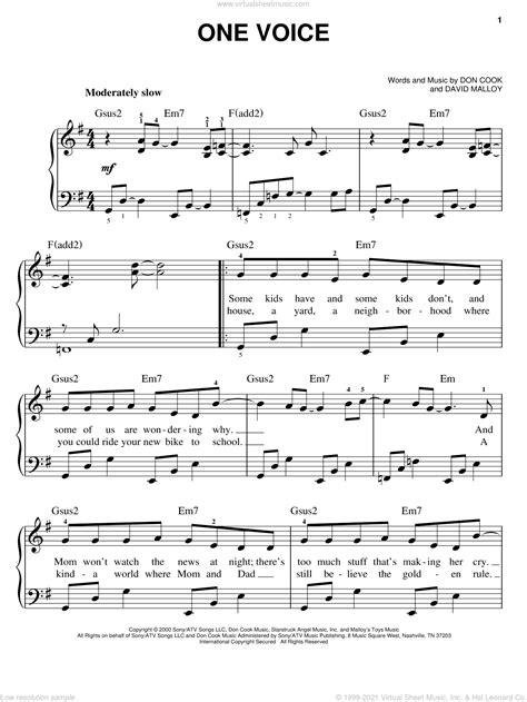 Gilman - One Voice sheet music for piano solo [PDF-interactive]