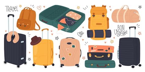 Conjunto De Ilustraciones Planas De Bolsas Y Maletas De Viaje Equipaje