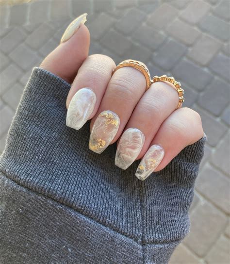 White Swirls With Gold Flake Press On Nails Marble Nails Etsy