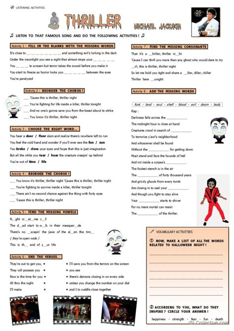 Thriller Mickael Jackson Song And N English Esl Worksheets Pdf Doc