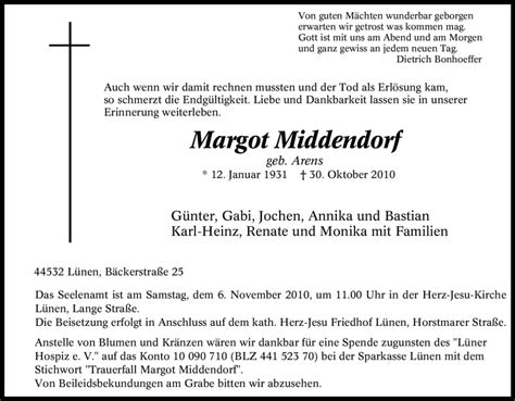 Traueranzeigen Von Margot Middendorf Trauer In Nrw De