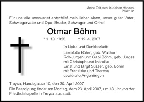 Traueranzeigen von Otmar Böhm Trauer HNA de