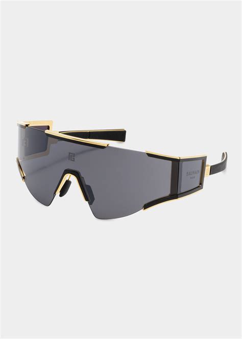 Balmain Logo Acetate And Titanium Shield Sunglasses Gld Blk Editorialist