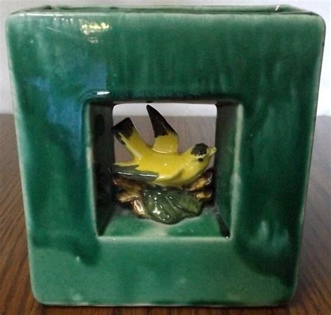 Vintage Mccoy Pottery Green Vaseplanter With Yellow Bird Mccoy Pottery Green Vase Pottery