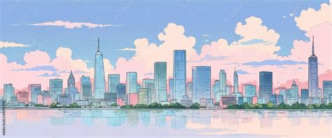 Pastel anime-style illustration of a city skyline. Anime style Stock ...