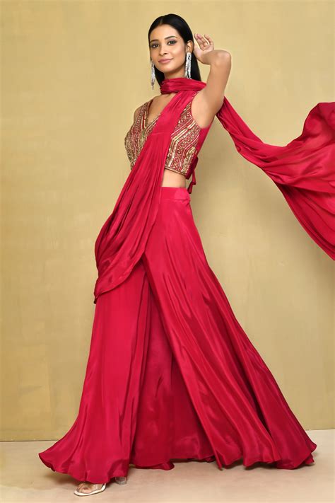 Buy Pink Raw Silk Embroidered Sequins V Neck Palazzo Saree With Blouse