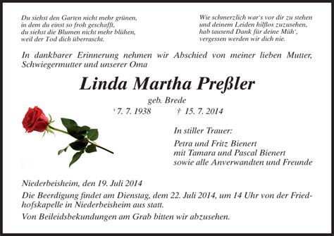 Traueranzeigen Von Linda Martha Pre Ler Trauer Hna De