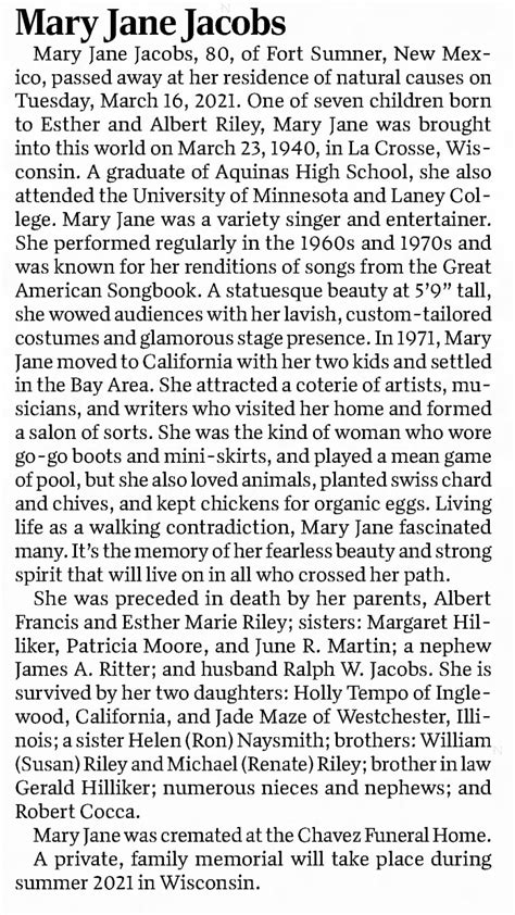 Obituary For Mary Jane Jacobs ™