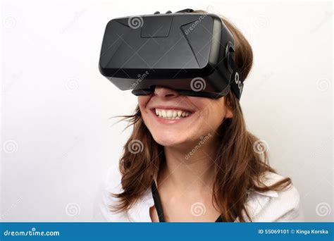 Happy Smiling Woman In A White Shirt Wearing Oculus Rift Vr Virtual