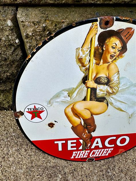 Vintage Texaco Fire Chief Pinup Girl Gasoline Porcelain Sign Gas Motor