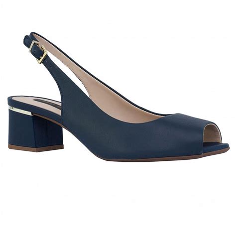 Sandália Slingback Couro Marinho Salto Bloco Jorge Bischoff