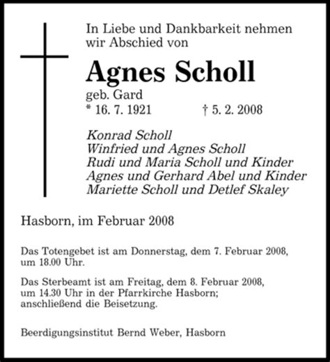 Traueranzeigen Von Agnes Scholl Saarbruecker Zeitung Trauer De