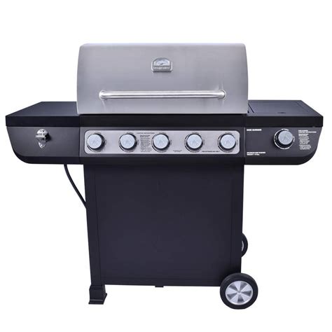 Even Embers 5 Burner Propane Gas Grill In Stainless Steel With Side Burner And Black Cabinet