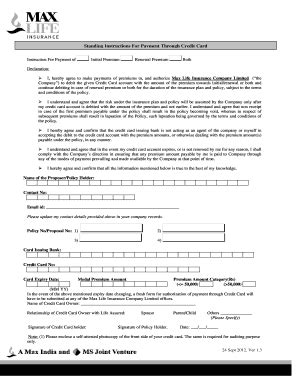 Fillable Online Maxlifeinsurance Standing Instructions For Payment