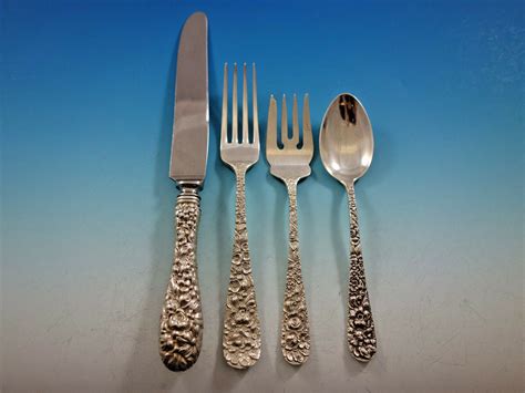 Rose By Stieff Sterling Silver Flatware Set Service 24 Pieces Repousse