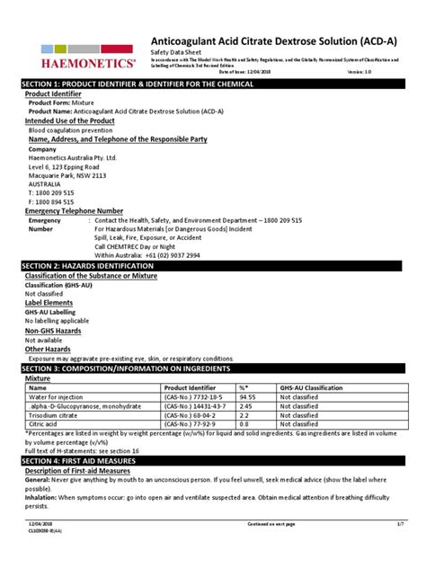 Anticoagulant Acid Citrate Dextrose Solution Acd A Section 1