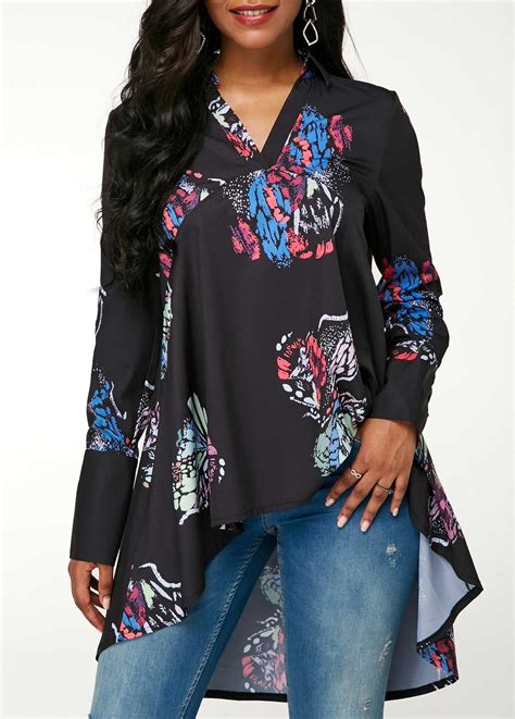 Dip Hem V Neck Butterfly Print Blouse Liligal USD 31 11