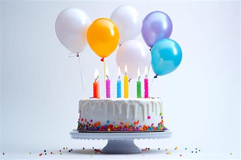 Premium Ai Image Blue Birthday Cake With Colorful Balloons Over White