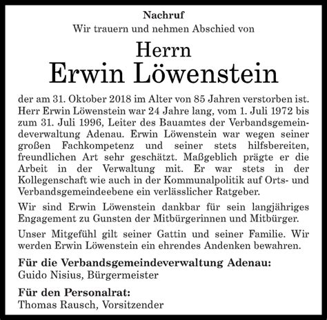 Traueranzeigen von Erwin Löwenstein rz trauer de