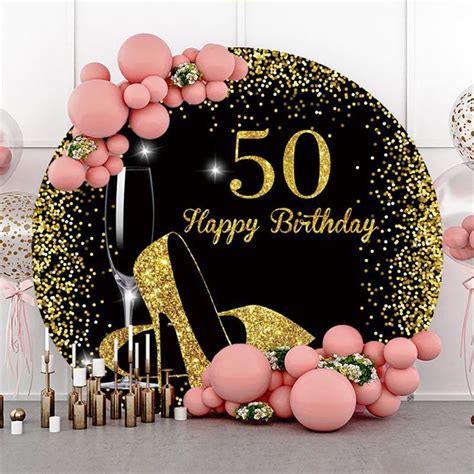 Round Glitter Black Gold Happy 50th Birthday Backdrop Lofaris