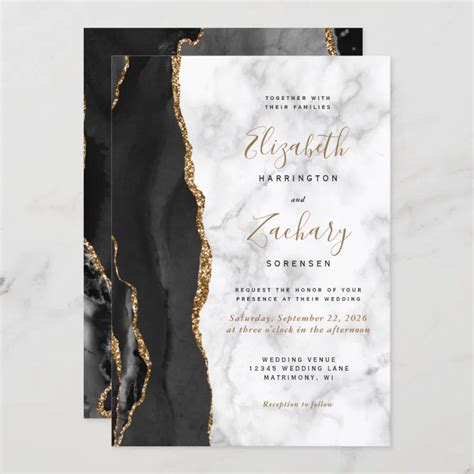 Modern Black Gold Agate Marble Wedding Invitation Zazzle