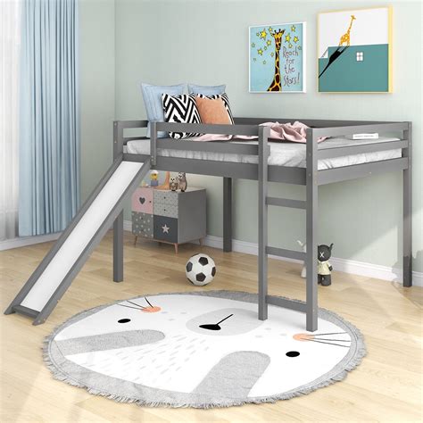 Arcticscorpion Full Size Loft Bed With Slide Wood Low Kids Bed Frame