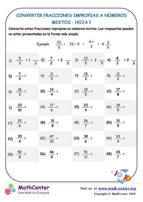 Quinto Grado Hojas de trabajo Frações impróprias Math Center