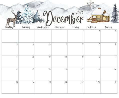 Editable December Calendar Snowy House On The Hill And Reindeer