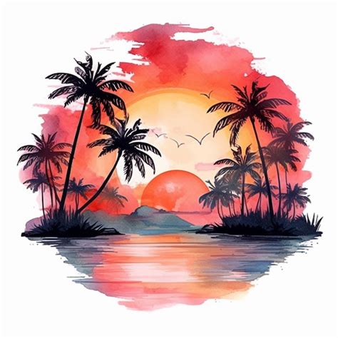 Premium AI Image | A watercolor painting of a sunset with palm trees ...