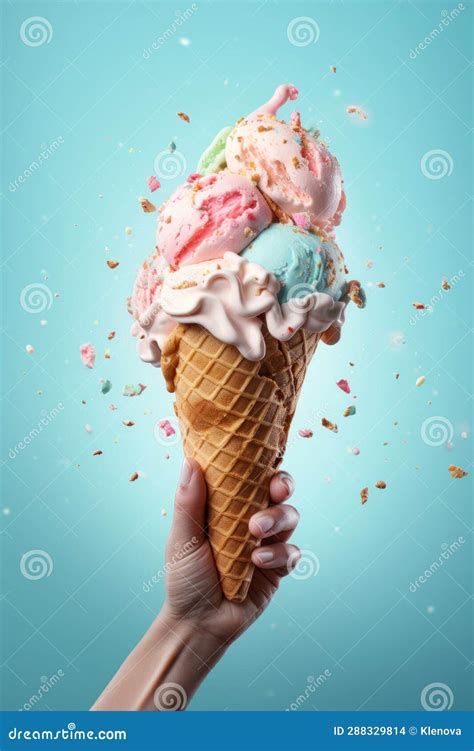 Hand Holding Big Ice Cream In Waffles Cone On Blue Background Stock