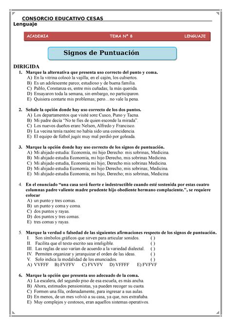 Cs Ver Leng Lenguaje Dirigida Marque La Alternativa Que