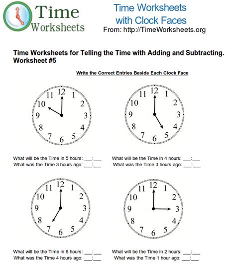 Time Math Worksheets For Telling Time With Subtracting And Adding 5