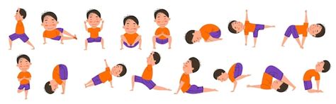 Ensemble De Poses Pour Le Yoga Pour Enfants Un Garçon Asiatique Fait Du