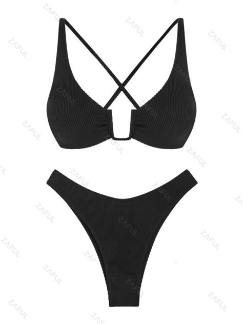 Zaful Textured U Wire Criss Cross Lace Up High Cut Bikini Swimwear In Black Zaful 2024