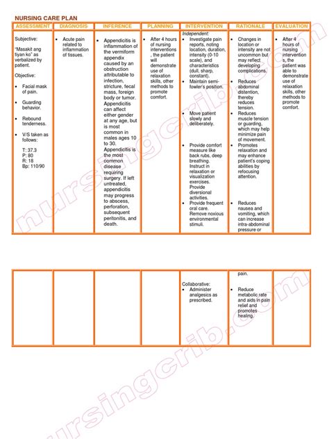 Nursing Care Plan Appendicitis Pdf Pain Diseases And Disorders