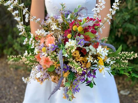 Bridal Bouquet Wildflowers Craspedia Yellow Purple Pink White Wedding ...