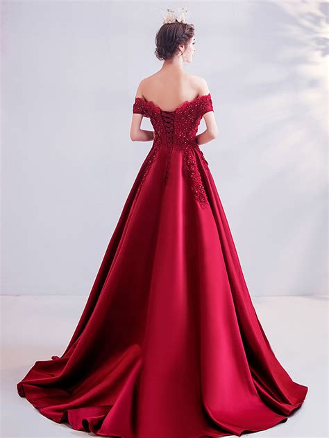 Burgundy A Line Satin Lace Long Prom Dresses Burgundy Formal Graduati Shdress