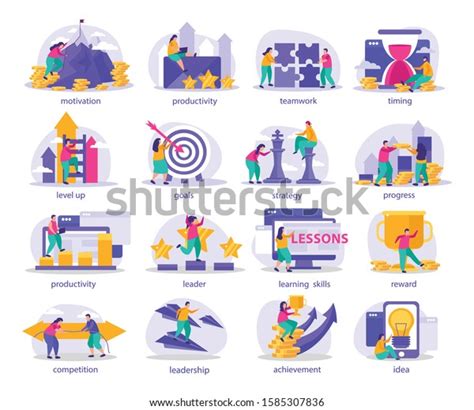 Business Gamification Flat Icons Caption Including Stock Vector