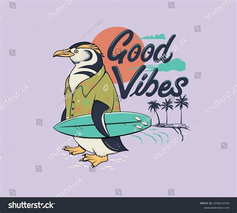 Penguin Surfing Illustration Beach Vibes Typography Stock Vector