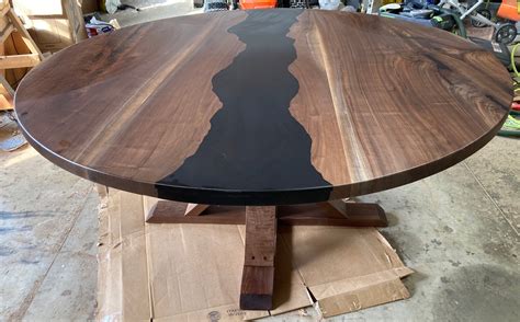 Live Edge Black Epoxy River Black Walnut Round Dining Table With Custom