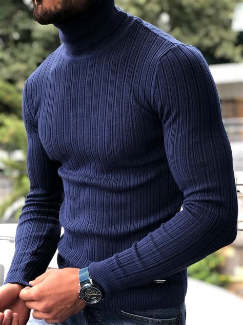 Gentwith Eva Indigo Slim Fit Turtleneck Ribbed Sweater Gent With Mens Casual Outfits Summer