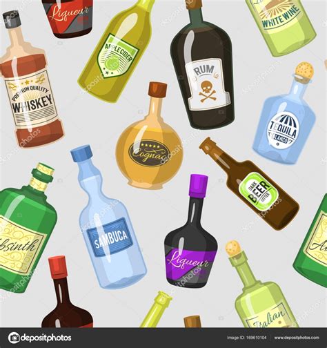 Alcohol Strong Drinks In Bottles Cartoon Glasses Whiskey Cognac Brandy Wine Vector