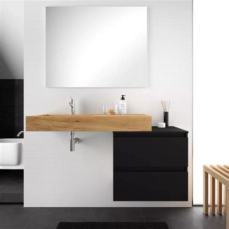 Mobile Bagno Sospeso 100 Cm Con Top Nero Satinato E Lavabo Rovere